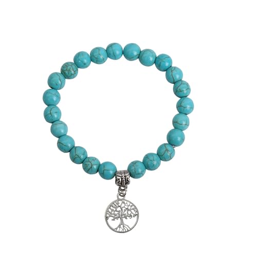 JinweiS Handgefertigtes Perlenarmband, geeignet für Männer und Frauen, Tiermuster-Anhänger, Naturstein-Perlenarmband (blau, hohler Lebensbaum-Anhänger) von JinweiS