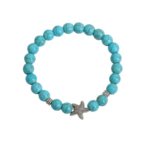 JinweiS Handgefertigtes Perlenarmband, geeignet für Männer und Frauen, Tiermuster-Anhänger, Naturstein-Perlenarmband (blau, schwarzer fetter Seestern-Anhänger) von JinweiS