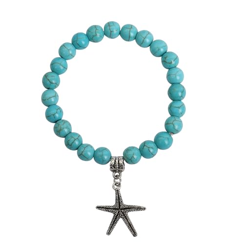 JinweiS Handgefertigtes Perlenarmband, geeignet für Männer und Frauen, Tiermuster-Anhänger, Naturstein-Perlenarmband (blau, schwarzer schlanker Seestern-Anhänger) von JinweiS