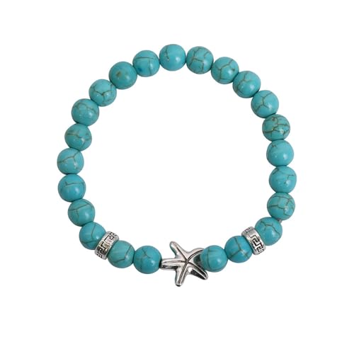 JinweiS Handgefertigtes Perlenarmband, geeignet für Männer und Frauen, Tiermuster-Anhänger, Naturstein-Perlenarmband (blauer, weißer fetter Seestern-Anhänger) von JinweiS