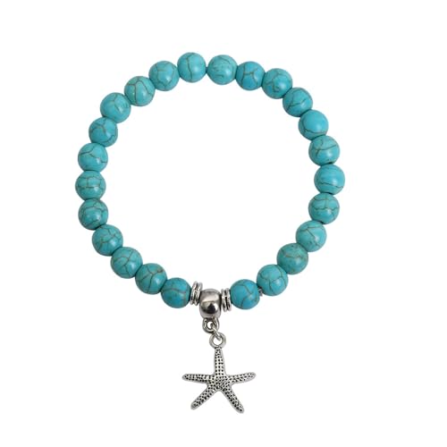 JinweiS Handgefertigtes Perlenarmband, geeignet für Männer und Frauen, Tiermuster-Anhänger, Naturstein-Perlenarmband (blauer, weißer schlanker Seestern-Anhänger) von JinweiS