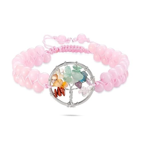 JinweiS Handgefertigtes Perlenarmband, geeignet für Männer und Frauen, Vintage handgewebtes doppellagiges Naturstein-Perlenarmband, Lebensbaum-Armband, verstellbar (Rosa) von JinweiS