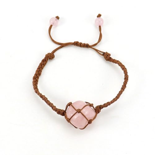 JinweiS Handgefertigtes Perlenarmband, geeignet für Männer und Frauen, handgewebtes braunes Seil, Naturstein, Kristall, Netztasche, Armband (Rosa) von JinweiS