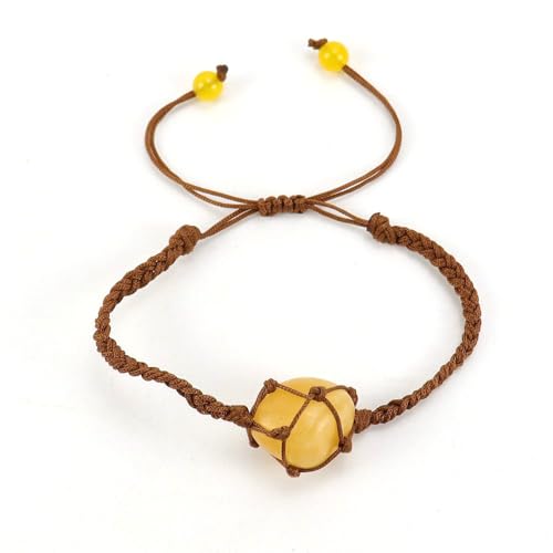 JinweiS Handgefertigtes Perlenarmband, geeignet für Männer und Frauen, handgewebtes braunes Seil, Naturstein, Kristall, Netztasche, Armband (gelb) von JinweiS