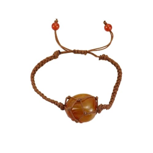 JinweiS Handgefertigtes Perlenarmband, geeignet für Männer und Frauen, handgewebtes braunes Seil, Naturstein, Kristall, Netztasche, Armband (hellrot) von JinweiS
