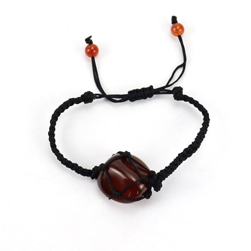 JinweiS Handgefertigtes Perlenarmband, geeignet für Männer und Frauen, handgewebtes schwarzes Seil, Naturstein-Mesh-Taschenarmband, verstellbares Armband (Rot) von JinweiS