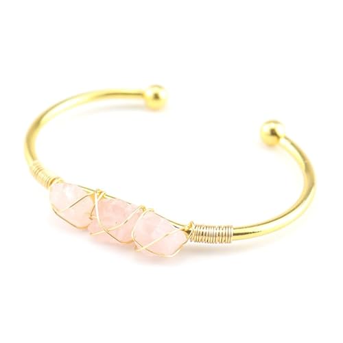 JinweiS Handgefertigtes Perlenarmband, geeignet für Männer und Frauen, natürlicher Rohstein, Kristall, umwickeltes Draht-Metallarmband (Rosa) von JinweiS
