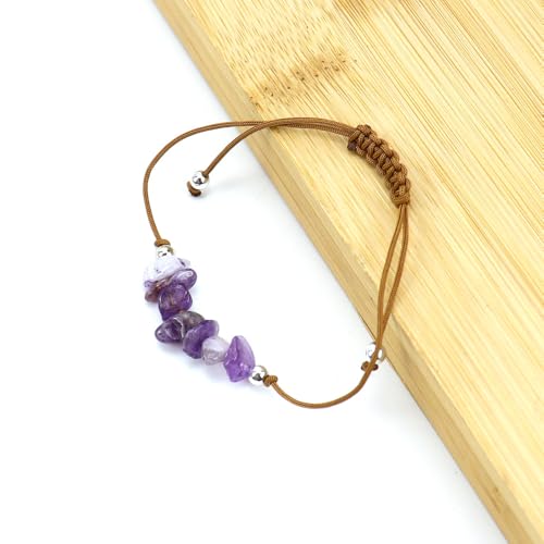JinweiS Handgefertigtes Perlenarmband, geeignet für Männer und Frauen, unregelmäßiger Naturstein, braunes gewebtes Wachsfaden-Armband, Kiesstrandarmband (Lila) von JinweiS