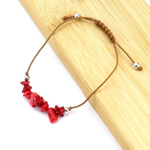 JinweiS Handgefertigtes Perlenarmband, geeignet für Männer und Frauen, unregelmäßiger Naturstein, braunes gewebtes Wachsfaden-Armband, Kiesstrandarmband (rot) von JinweiS