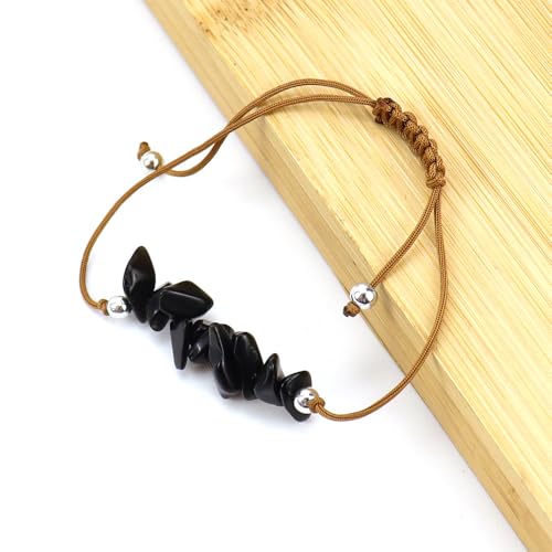 JinweiS Handgefertigtes Perlenarmband, geeignet für Männer und Frauen, unregelmäßiger Naturstein, braunes gewebtes Wachsfadenarmband, Kiesstrandarmband (schwarz) von JinweiS