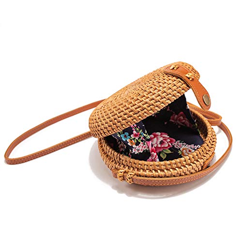 JinweiS Handgewebte, runde Rattan-Stroh-Umhängetasche für Damen, 18 cm, mit verstellbarem Echtlederriemen, natürliche schicke Hand, klein JinweiS Handgewebte, runde Rattan-Stroh-Umhängetasche für Damen, 18 cm, mit verstellbarem Echtlederriemen, natürliche schicke Hand, klein von JinweiS