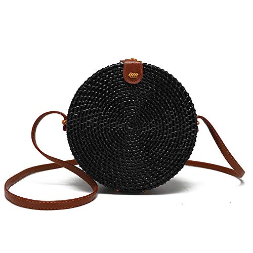 JinweiS Handgewebte runde Rattan-Tasche für Damen mit Lederriemen Crossbody Stroh Handtasche von JinweiS