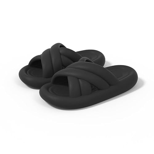 JinweiS Kissen-Hausschuhe für Damen und Herren, rutschfest, schnell trocknend, Bad-Sandalen, ultra gepolstert, dicke Sohle (Größe: 38–39, Schwarz) 05 von JinweiS