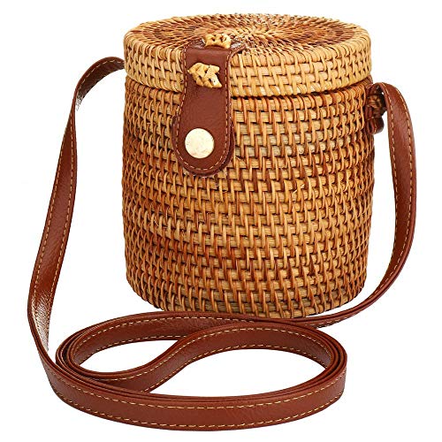 JinweiS Stroh-Rattan-Umhängetasche für Damen, Strandtasche, gewebtes Stroh, Crossbody-Tasche aus Korbgeflecht mit echtem Leder von JinweiS