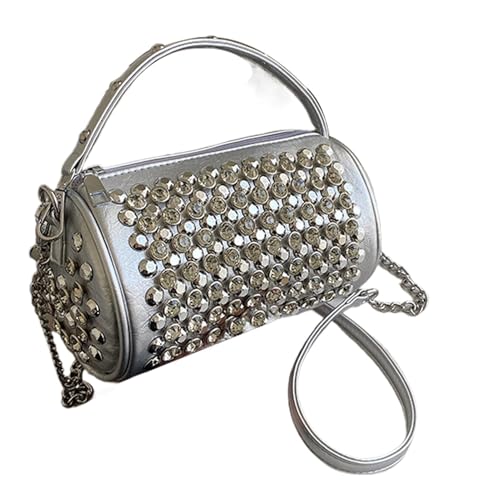 [Jinyilwn] Nieten Umhängetasche, Nieten Tote Tasche, Punk Quadratische Umhängetasche 2024 | Zylindrische Tasche, Modische Nietentasche für Frauen und Mädchen, silber / schwarz, 説明を参照してください von Jinyilwn