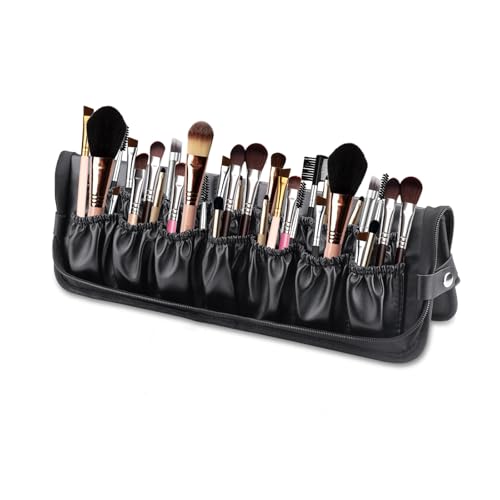 Faltbarer Make-up-Pinsel-Organizer, schwarz, wasserdicht, aufstellbar, Reise-Make-up-Pinselhalter, tragbare Kosmetiktasche, Lederhandtasche (nur Tasche) von Jinzhenhong