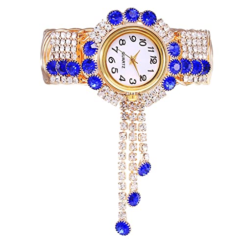Jipersuo Damen-Armbanduhr 2022 Hand dekorativer Charme Goldfarbe Kristall Armband Ornamente Souvenir Mutter Ehefrau Damen Liebhaber Strass Armbanduhr Damenuhren Mode (Blue, One Size) von Jipersuo