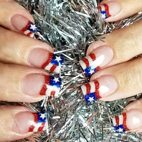 24 Stück French Tip Press on Nails Short Full Covers Falsche Nägel 4. Juli zum Aufkleben auf Nägel Maniküre Zubehör für Damen von Jiqoe