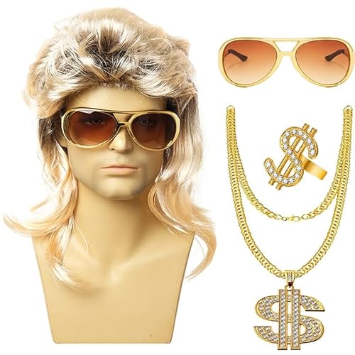 Jiqoe 80er Jahre Disco Kostüm Set für Herren Damen 80er Jahre Kostüm Zubehör Hippie Brille Halskette Lockige Rock Perücke 80er Disco Mottoparty, K-Draht / P-Draht von Jiqoe