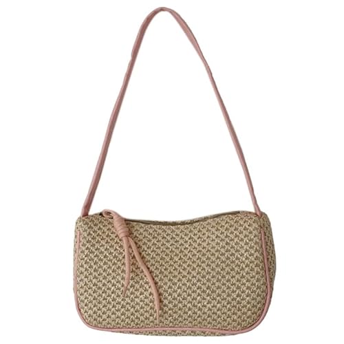 Jiqoe Damen-Umhängetasche, modisch, Achseltasche, Rattan, gewebte Schultertasche, Reißverschluss, Unterarmtasche, Tragetasche, Geldbörse, rose von Jiqoe