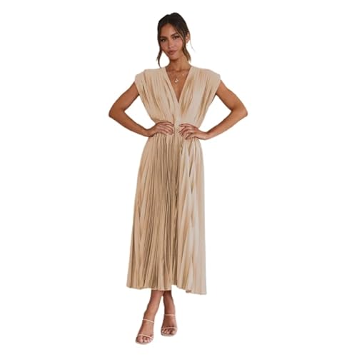 Jiqoe Damenkleider, sinnliche Raffinesse: lockere Passform, V-Ausschnitt, plissiertes Kleid mit Rückenband und ärmellosem Design, champagnerfarben, S-L von Jiqoe