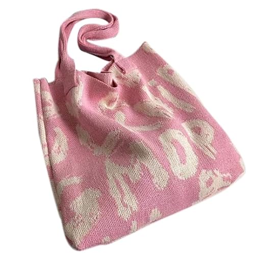 Jiqoe Lässige gestrickte Schultertasche mit Tragegriff oben, große Kapazität, Handtasche, modische Geldbörsen, Einkaufstaschen für Damen, Mädchen, pink / weiß von Jiqoe