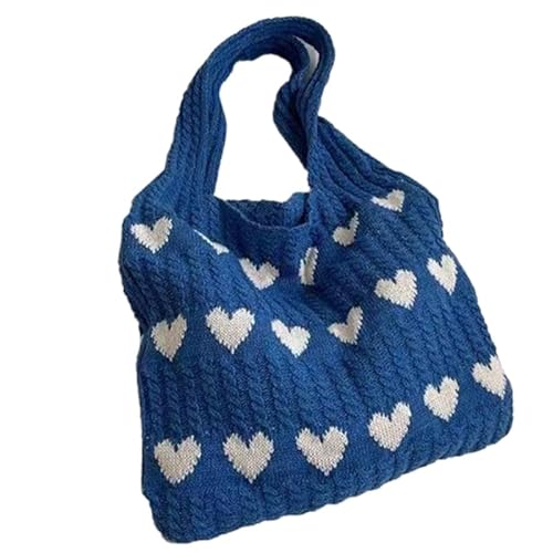 Jiqoe Modische Handtasche, lässige Taschen, Tragetasche, Schultertasche für Damen und Mädchen, vielseitige gestrickte Herztaschen, große Kapazität, Häkeltasche, blau von Jiqoe