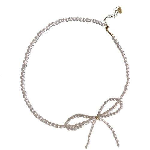 Jiqoe Schicke Bowknot-Halskette, elegante Perlen-Halskette, modische Perlen-Halskette, perfekt für den Alltag und Partys, Chain length 40CM, Imitationsperlen von Jiqoe