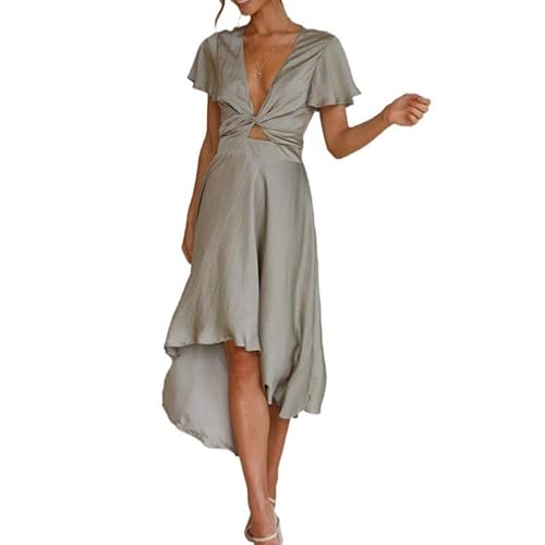 Kleider Damen Sommer, Damen Sommer Satin Asymmetrischer Saum Swing Midi Langes Kleid Rüschen Kurzarm V-Ausschnitt Gürtel Hohe Taille A-Linie Kleider von Jiqoe