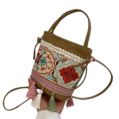 Retro Ethno-Stil Schultertaschen Reise Crossbody Taschen Sommer Vintage Quaste Stickerei Handtasche Damen Mädchen Quaste Tasche, khaki von Jiqoe