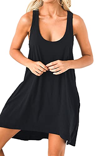 Damen Sexy Sommerkleider Ärmellos Tank Top Minikleid Rundhals Loose Strandkleid Casual Oversize Einfarbig Kleid（M,3061-BK） Schwarz von Jiraewh