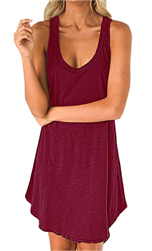 Damen Sexy Sommerkleider Ärmellos Tank Top Minikleid Rundhals Loose Strandkleid Casual Oversize Einfarbig Kleid（XL,3061-WR） Rotwein von Jiraewh