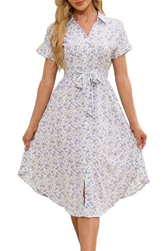 Jiraewh Damen Blumen Sommerkleid Knopf Kurzarm V-Ausschnitt Lose Knielang Kleid High Waist Midi-Hemdkleid Strandkleider Polka Dots Knopfkleid (3038-PL XL) von Jiraewh