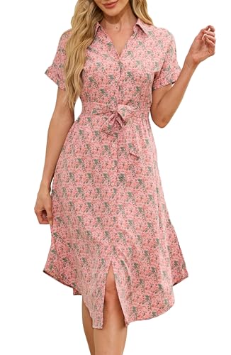 Jiraewh Damen Blumen Sommerkleid Knopf Kurzarm V-Ausschnitt Lose Knielang Kleid High Waist Midi-Hemdkleid Strandkleider Polka Dots Knopfkleid (3038-RRD XL) von Jiraewh