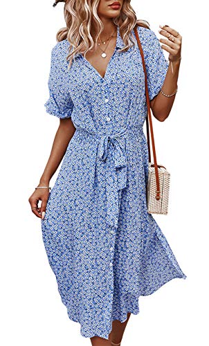 Jiraewh Damen Blumen Sommerkleid Knopf Kurzarm V-Ausschnitt Lose Knielang Kleid High Waist Midi-Hemdkleid Strandkleider Polka Dots Knopfkleid Langarmkleid (3038-Blau XL von Jiraewh