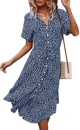 Jiraewh Damen Blumen Sommerkleid Knopf Kurzarm V-Ausschnitt Lose Knielang Kleid High Waist Midi-Hemdkleid Strandkleider Polka Dots Knopfkleid Langarmkleid (3038-DB S) von Jiraewh