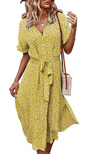 Jiraewh Damen Blumen Sommerkleid Knopf Kurzarm V-Ausschnitt Lose Knielang Kleid High Waist Midi-Hemdkleid Strandkleider Polka Dots Knopfkleid Langarmkleid (3038-Gelb XL) von Jiraewh