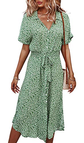 Jiraewh Damen Blumen Sommerkleid Knopf Kurzarm V-Ausschnitt Lose Knielang Kleid High Waist Midi-Hemdkleid Strandkleider Polka Dots Knopfkleid Langarmkleid (3038-Grün XS) von Jiraewh