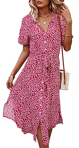 Jiraewh Damen Blumen Sommerkleid Knopf Kurzarm V-Ausschnitt Lose Knielang Kleid High Waist Midi-Hemdkleid Strandkleider Polka Dots Knopfkleid (3038-Rot M von Jiraewh