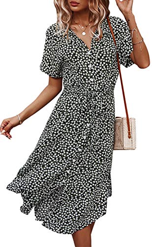 Jiraewh Damen Blumen Sommerkleid Knopf Kurzarm V-Ausschnitt Lose Knielang Kleid High Waist Midi-Hemdkleid Strandkleider Polka Dots Knopfkleid Langarmkleid (3038-Schwarz L von Jiraewh