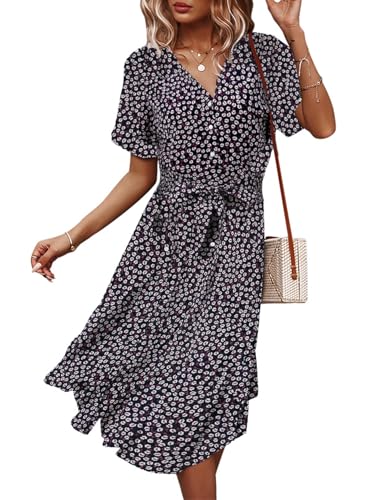 Jiraewh Damen Blumen Sommerkleid Knopf Kurzarm V-Ausschnitt Lose Knielang Kleid High Waist Midi-Hemdkleid Strandkleider Polka Dots Knopfkleid (3038-DB XL) von Jiraewh