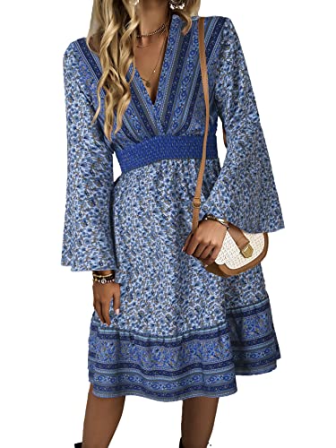 Jiraewh Damen Boho Sommerkleid Blumen Knielang Swing Kleider Tief V-Ausschnitt Trompeten Langarm Retro A-Linie Skaterkleid elastische Hohe Taille Casual Strandkleid（5084-BL,M） von Jiraewh