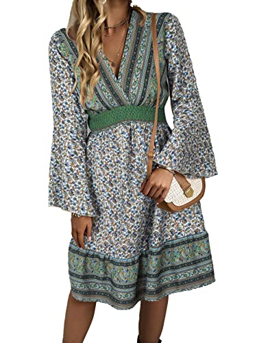 Jiraewh Damen Boho Sommerkleid Blumen Knielang Swing Kleider Tief V-Ausschnitt Trompeten Langarm Retro A-Linie Skaterkleid elastische Hohe Taille Casual Strandkleid（5084-GN,M） von Jiraewh