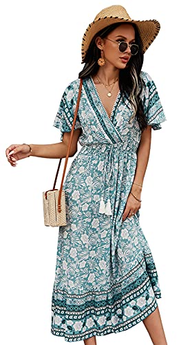 Jiraewh Damen Boho Sommerkleider Blumen Kurzarm Retro Knielang Strandkleider V Ausschnitt Elegant Mit Gürtel Maxikleid (3063- BL- XL) von Jiraewh