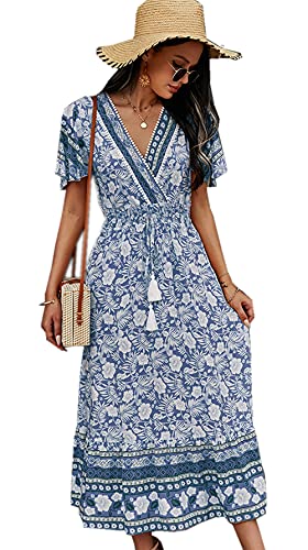 Jiraewh Damen Boho Sommerkleider Blumen Kurzarm Retro Knielang Strandkleider V Ausschnitt Elegant Mit Gürtel Maxikleid (3063- MB- XL) von Jiraewh