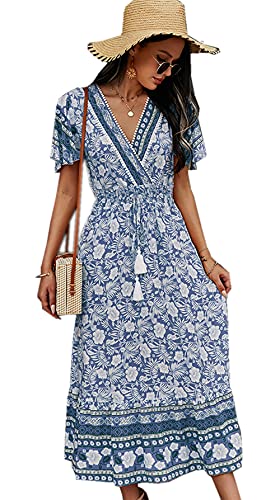 Jiraewh Damen Boho Sommerkleider Blumen Kurzarm Retro Knielang Strandkleider V Ausschnitt Elegant Mit Gürtel Maxikleid (3063-Marineblau, S) von Jiraewh