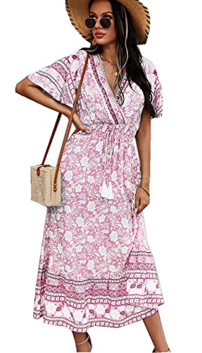 Jiraewh Damen Boho Sommerkleider Blumen Kurzarm Retro Knielang Strandkleider V Ausschnitt Elegant Mit Gürtel Maxikleid (3063- PK- M) von Jiraewh
