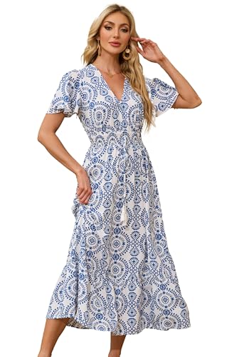Jiraewh Damen Boho Sommerkleider Blumen Kurzarm Retro Knielang Strandkleider V Ausschnitt Elegant Mit Gürtel Maxikleid (3063- WHBL- M) von Jiraewh
