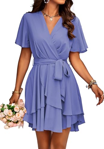 Jiraewh Damen Chiffon Kurz Kleid V-Ausschnitt Kurzarm Sommerkleid Polka-Punkte Elegant Rüschen Minikleid Casual Swing Skater Kleid Hohe Taille Partykleid Wickelkleid mit Gürtel （5086-NB L von Jiraewh