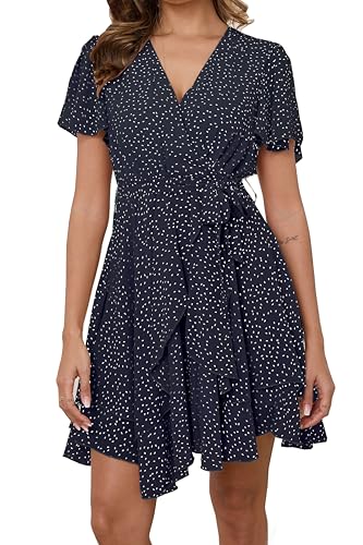 Jiraewh Damen Chiffon Kurz Kleid V-Ausschnitt Kurzarm Sommerkleid Polka-Punkte Elegant Rüschen Minikleid Casual Swing Skater Kleid Hohe Taille Partykleid Wickelkleid mit Gürtel （5086-NB Punkt M von Jiraewh